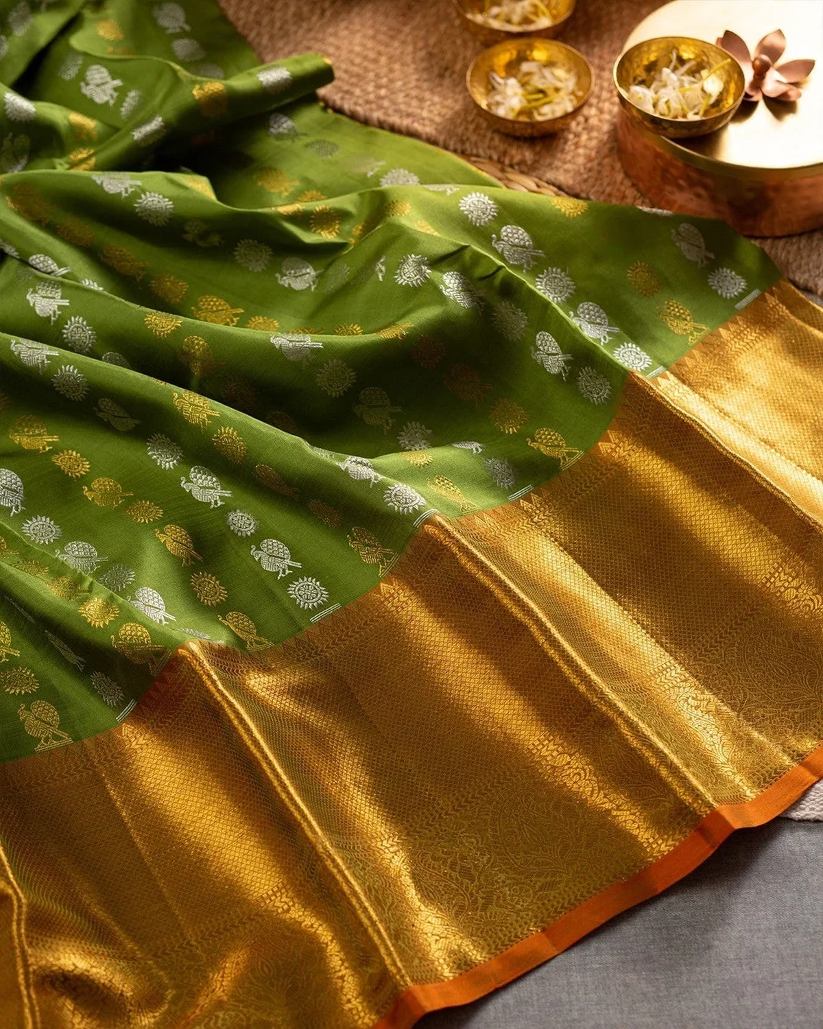 Ivory Banarasi silk saree with woven gold floral butta and brocade border